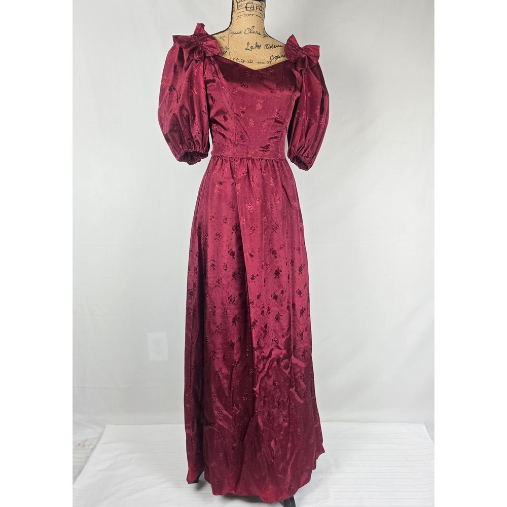 Vintage 80s Burgundy Floral Satin Jacquard Gown ILGWU Union Made Prom Dress 7-8 - Picture 4 of 16